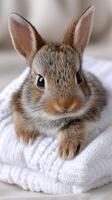 A small rabbit is sitting on top of a white towel photo