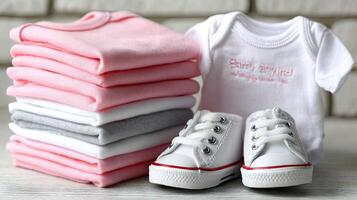 A pile of baby clothes and sneakers photo