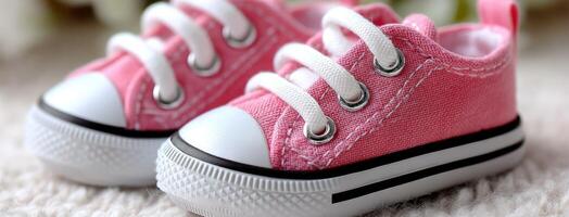 A pair of pink sneakers with white laces photo