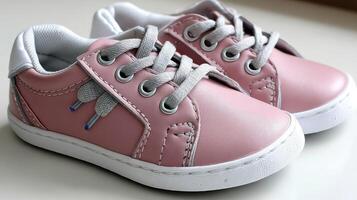 A pair of pink baby shoes with white laces photo