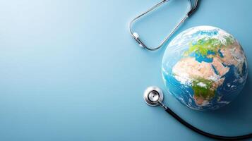 Earth globe with stethoscope on blue background concept of global health photo