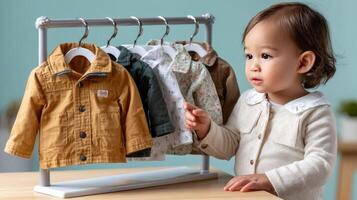A baby is looking at a rack of clothes photo