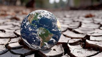 Earth globe on cracked earth background photo