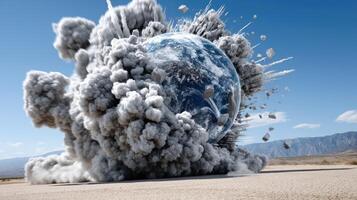 Earth exploding in the desert with a cloud of smoke photo