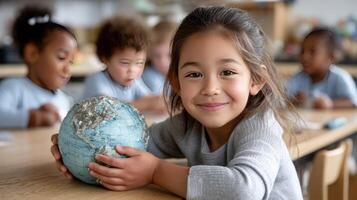 A young girl holding a globe in front of her classmates photo