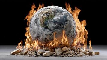 The earth is on fire and surrounded by rocks photo