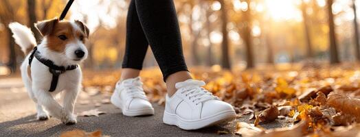 A woman walking her dog in the fall photo