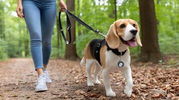 A woman walking her beagle on a leash in the woods photo