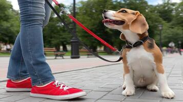 A beagle dog is being walked by a person photo