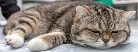 A cat laying on a table with its head down photo