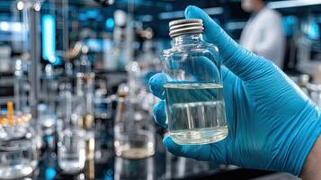 A person holding a bottle of liquid in a laboratory photo