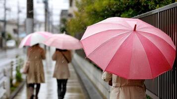 A group of people walking down a street with umbrellas photo