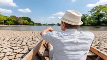 Man in hat rowing boat on dry lake photo