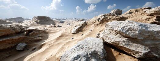 A desert landscape with rocks and sand photo