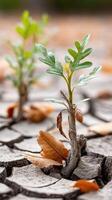 A small plant growing out of cracked ground photo
