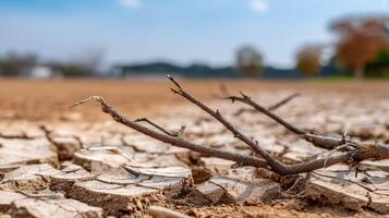 A dry field with dead trees and a blue sky photo