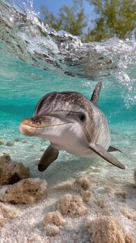 un delfín nadando en el Oceano con sus boca abierto foto