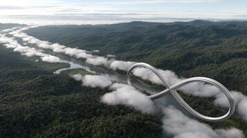 A large infinity symbol floating in the air over a river photo