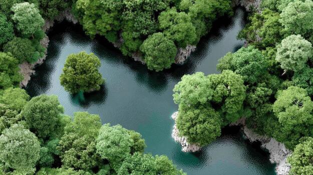 An aerial view of a river surrounded by trees photo