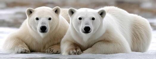 Two polar bears sitting on the ice in the snow photo