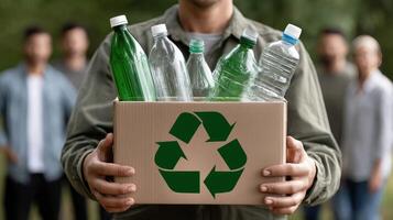 A man holding a box with recycling symbols on it photo
