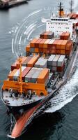 A large container ship is traveling through the water photo
