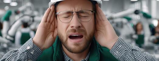 A man with glasses and a hard hat covering his ears photo