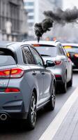 Cars on the road with smoke coming out of the tailpipe photo