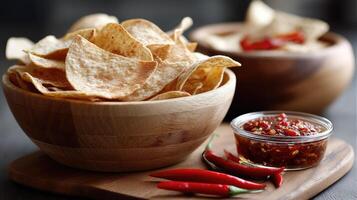 Chips and salsa in wooden bowls on a wooden tray photo