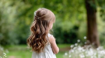 A little girl in a white dress standing in a field photo
