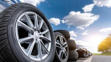 A row of tires on the road with a blue sky in the background photo