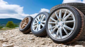 Three tires on a rocky road photo