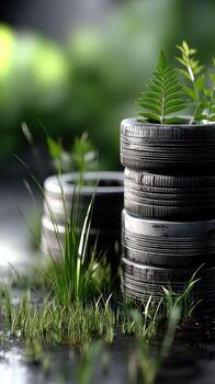 un apilar de llantas con plantas en parte superior foto