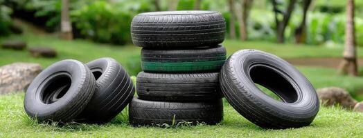 A pile of tires sitting on top of grass photo