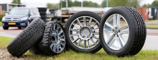 Three tires are sitting on the grass next to a truck photo