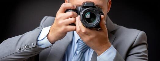 A man in a suit is taking a picture with his camera photo