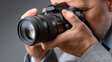 A man in a suit is holding a camera photo