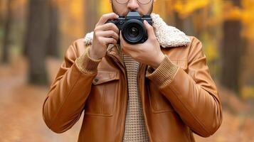 A man in a brown jacket holding a camera photo