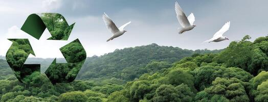 Recycle symbol with birds flying over green forest photo