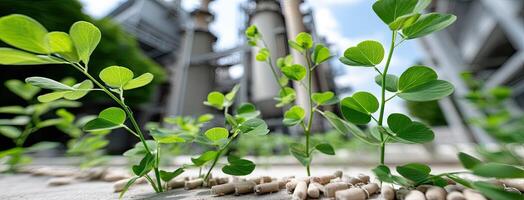 A group of plants growing in front of a factory photo