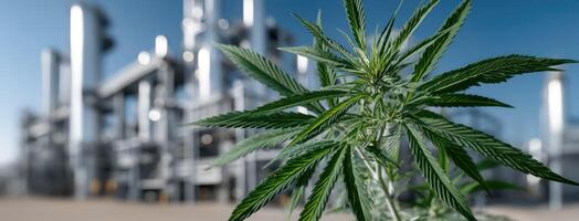 Marijuana plant in front of a large industrial plant photo