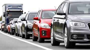 A line of cars on the road with a truck in the background photo