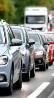 A line of cars on the road with traffic behind them photo
