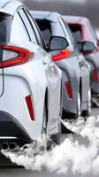 A row of cars with smoke coming out of them photo