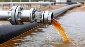 A pipe with orange liquid flowing into the water photo