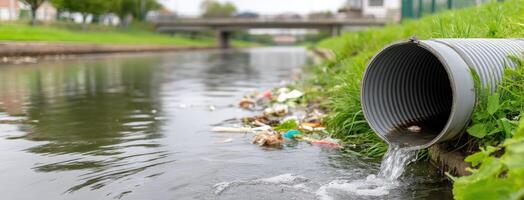 A pipe is flowing into the water next to a garbage can photo