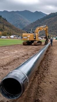 A large pipe laying on the ground next to a construction site photo