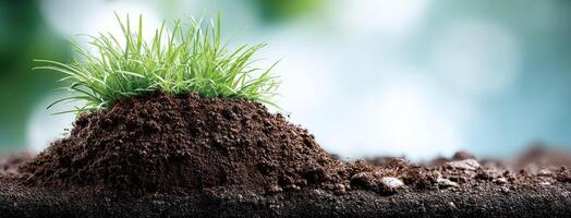 A close up of a dirt mound with grass growing out of it photo