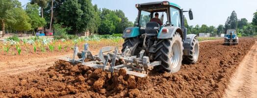 A tractor plowing a field with a plow photo