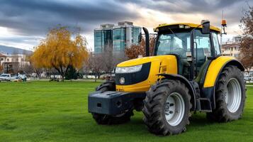 A yellow tractor parked in a grassy field photo